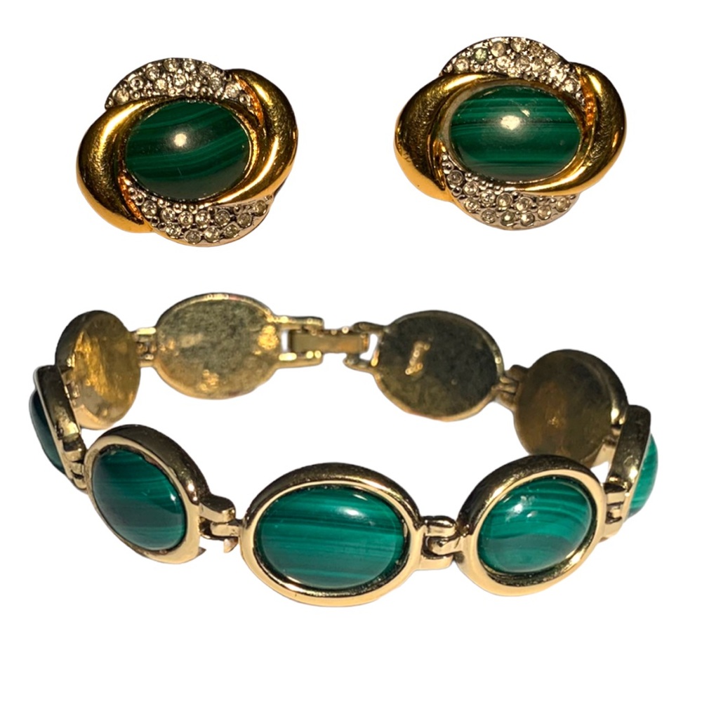 VTG Butler Wilson Malachite Green Gold Tone Bracelet & Rhinestone Stud Earrings